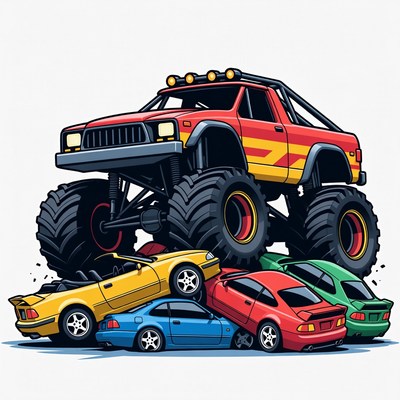 Red Monster Truck Crushing Cars
