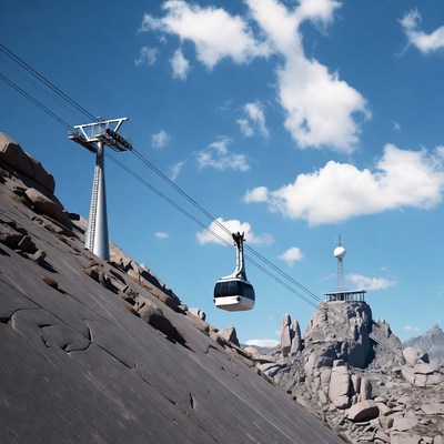 Cable car over rocky mountains