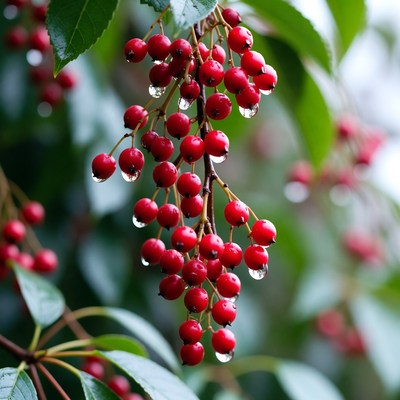 Red Berries with Dewdrops on Leaves