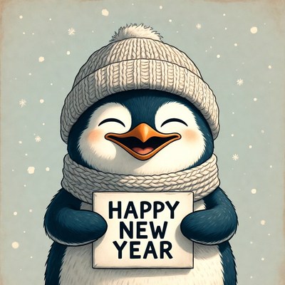 Cute Penguin Holding Happy New Year Sign