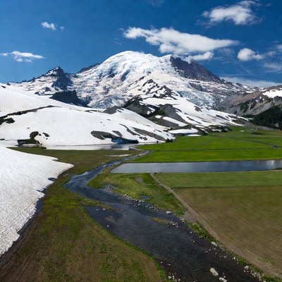 Mount Rainier with glacier and river