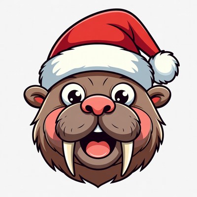 Cartoon Walrus Wearing Santa Hat