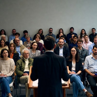 Man speaking to audience in classroom