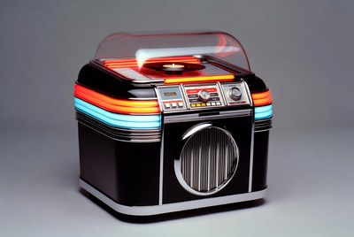 Retro Neon Jukebox on Gray Background