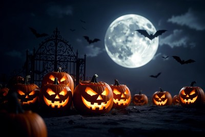 Jack-o'-lanterns by haunted gate under full moon
