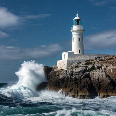 White Lighthouse on Rocky Cliff Waves
