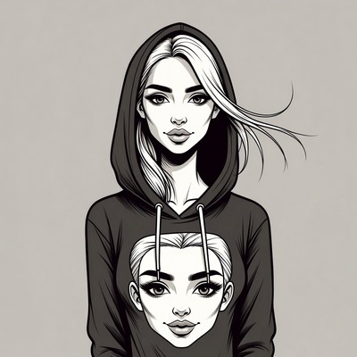 Woman with mini face on hoodie