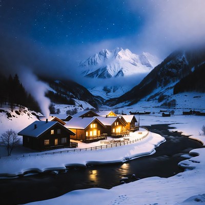 Snowy Wooden Chalets by Mountain River