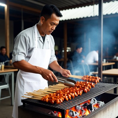 Asian man grilling satay skewers