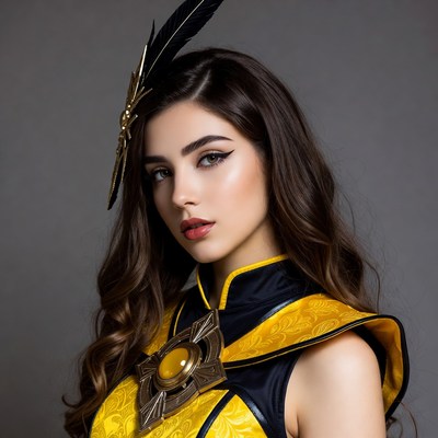 Woman in yellow feathered cosplay costume