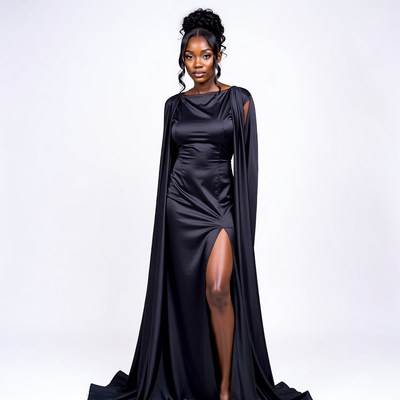 African-American woman in black satin gown