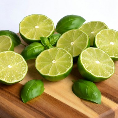 Sliced Limes with Basil on Wood