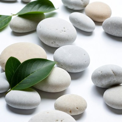 White Pebbles and Green Leaves