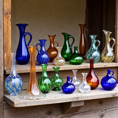 Colorful Glass Vases on Wooden Shelf