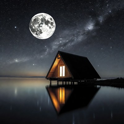 Cabin on lake under full moon