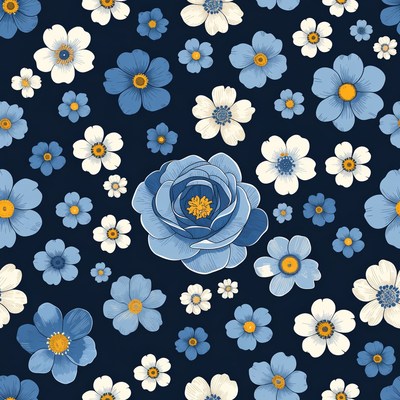 Blue and White Flowers on Navy Background