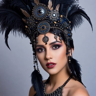 Woman in ornate feather headdress