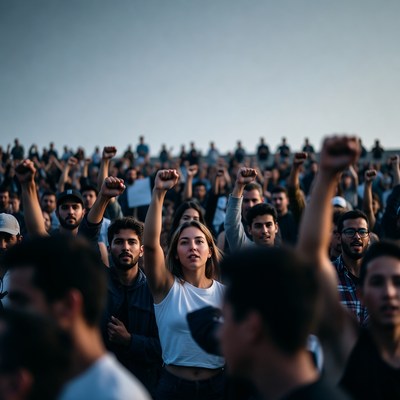 Crowd raising fists in protest