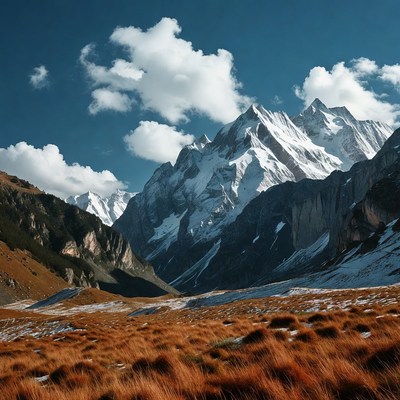 Snowy Mountain Peaks Over Autumn Grass
