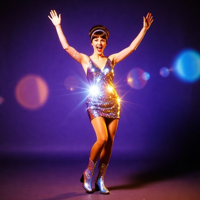 Woman in sequin dress raising arms