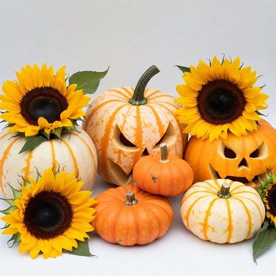 Jack-o-Lantern Pumpkins with Sunflowers