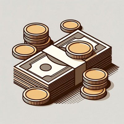 Stack of cash and gold coins