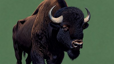 Buffalo with large horns on green background