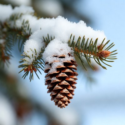 Snowy Pine Cone on Branch