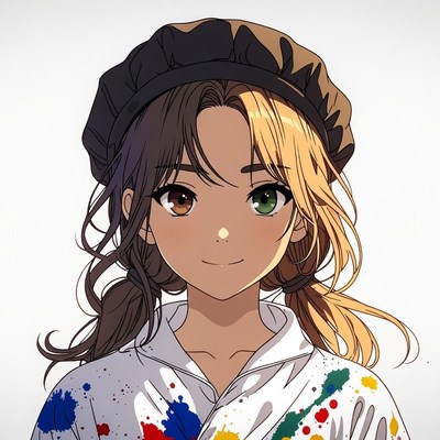Anime girl with heterochromia and paint-splattered shirt