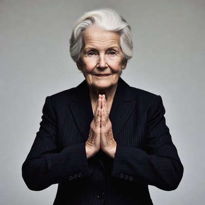 Elderly woman praying hands suit