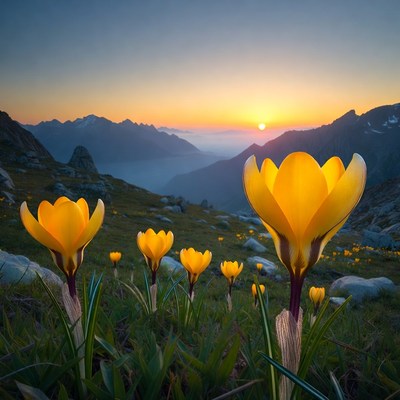 Yellow crocuses in mountain sunset