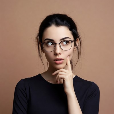 Woman thinking with hand on chin