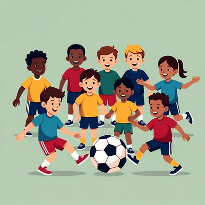 Diverse kids playing soccer illustration