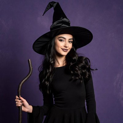 Woman in black witch costume with broom