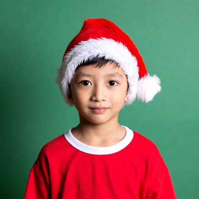 Asian boy wearing Santa hat