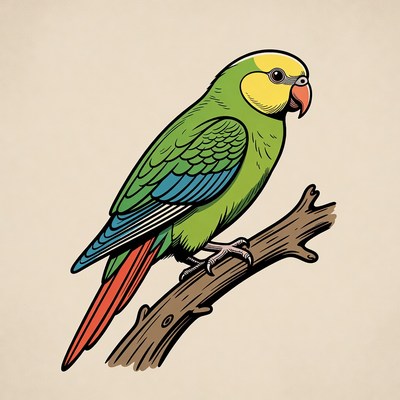 Green Parrot Perched on Branch
