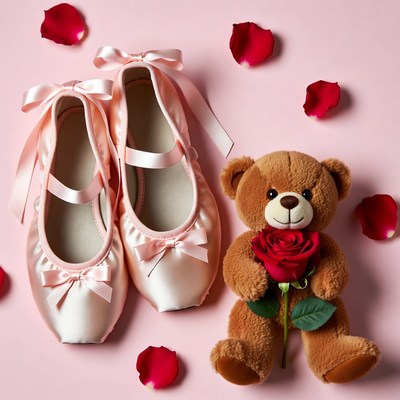 Pink Ballet Slippers with Teddy Bear and Rose