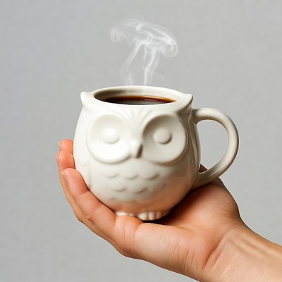 Hand holding owl mug with steaming coffee