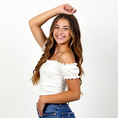 Teen girl smiling with hand raised
