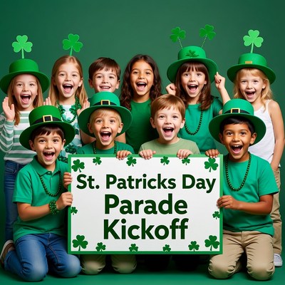 Kids Holding St. Patrick's Day Parade Kickoff Sign
