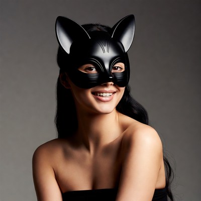 Asian woman wearing black cat mask