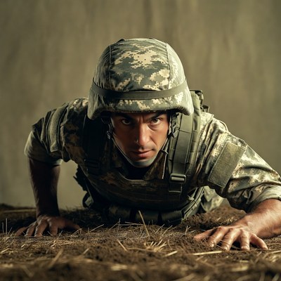 Soldier doing push-up in camouflage