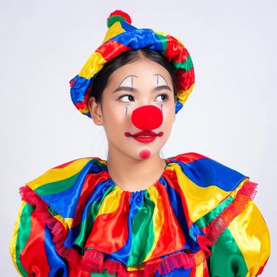 Asian woman in colorful clown costume