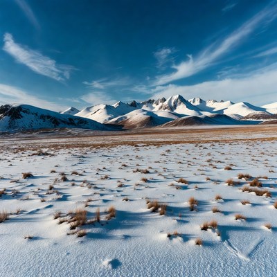 Snowy Mountains Over Winter Plain