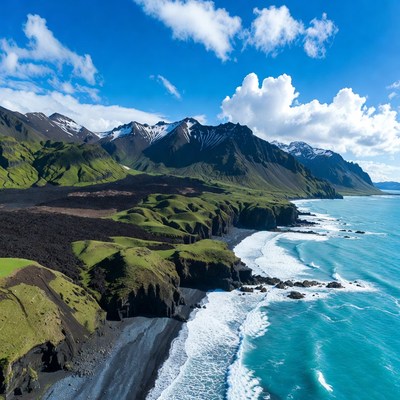 Aerial View Black Sand Beach Mountains