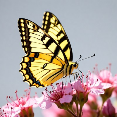 Yellow Butterfly on Pink Flowers