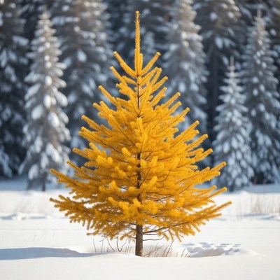 Golden yellow pine tree in snowy forest