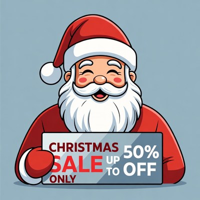 Santa Claus holding 50% off sale sign