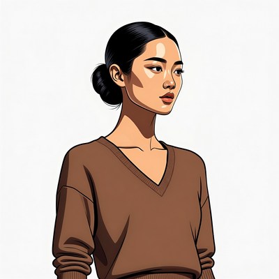 Asian woman in brown V-neck sweater