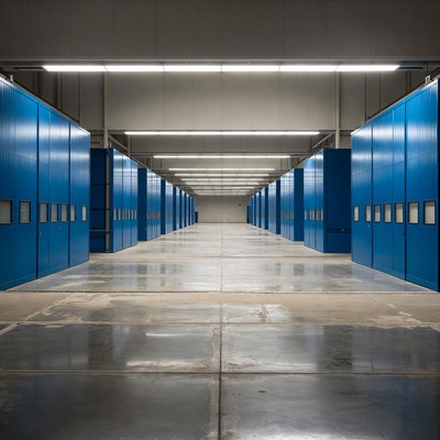 Empty Warehouse with Blue Filing Cabinets